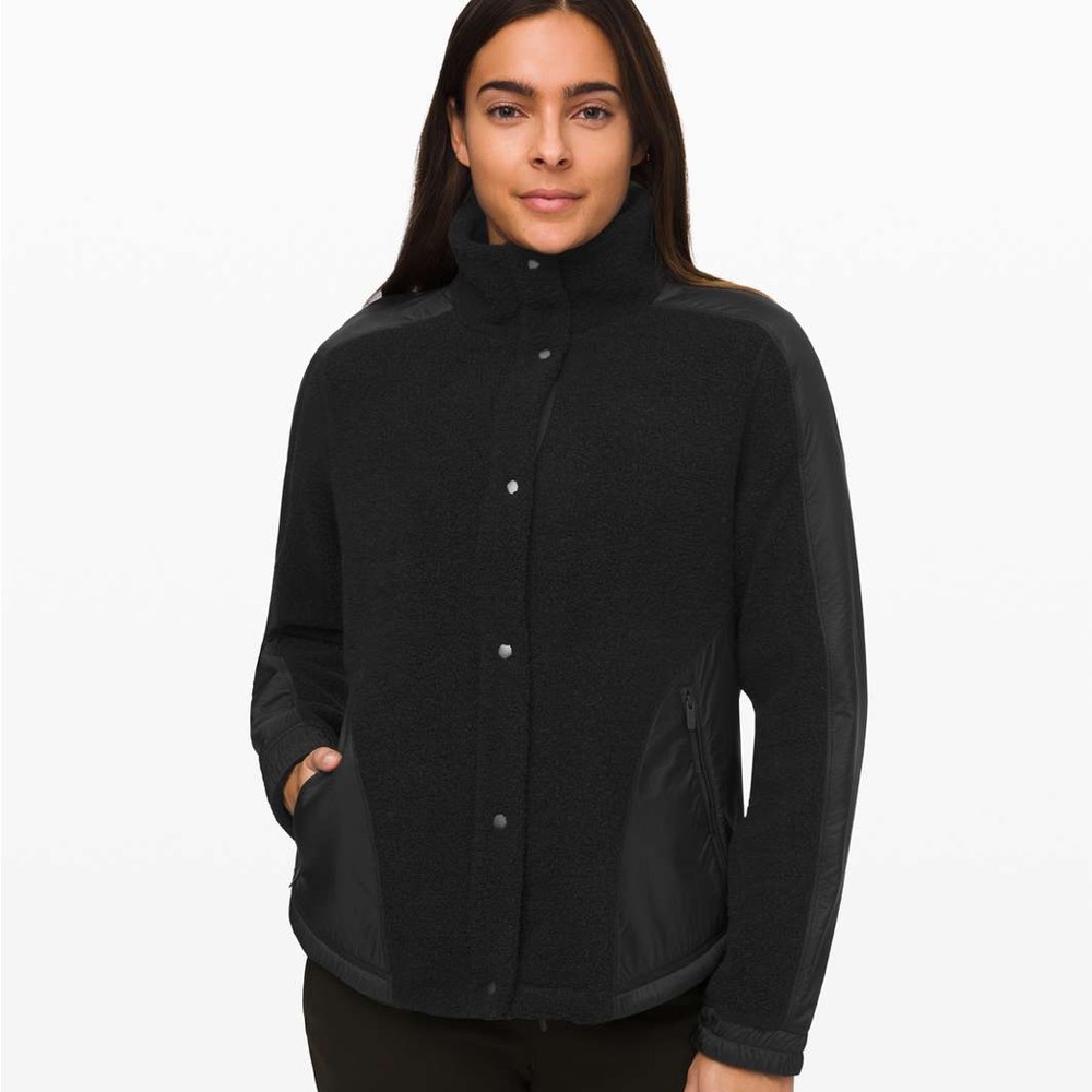 LULULEMON Go Cozy Jacket Black Snap Bomber Wool Blend Sherpa Fleece